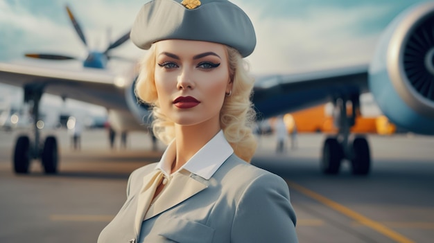 Foto a comissária de bordo elegante de uniforme preto de pé junto à cabine de um jato privado