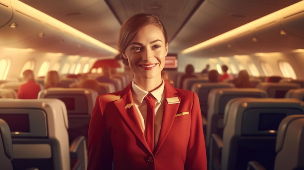 A comissária de bordo sorridente de uniforme vermelho na cabine da aeronave, a comissária atraente, a comissionada de bordo amigável, a empregada da companhia aérea, o serviço agradável para os passageiros da companhia aérea.