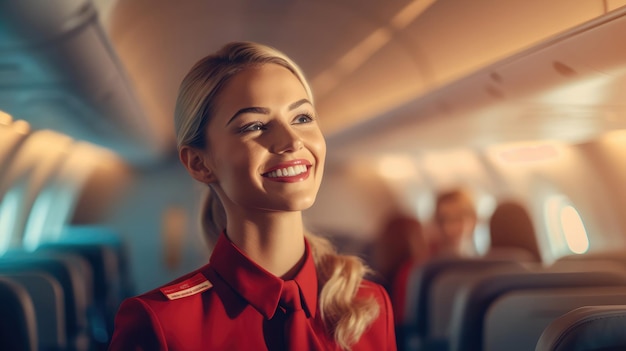 Foto a comissária de bordo sorridente de uniforme vermelho na cabine da aeronave, a comissária atraente, a comissionada de bordo amigável, a empregada da companhia aérea, o serviço agradável para os passageiros da companhia aérea.