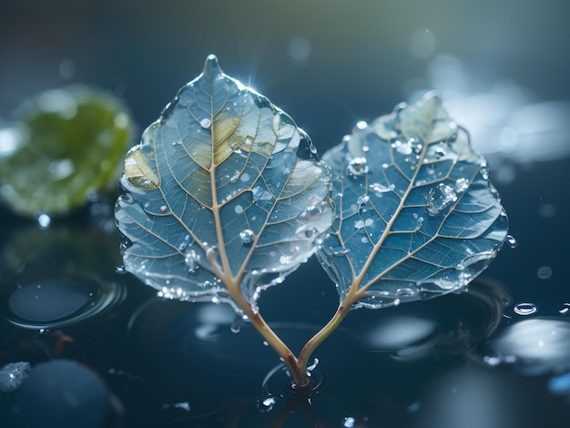 A complexidade da natureza, duas folhas de esqueleto transparentes em macro na superfície molhada