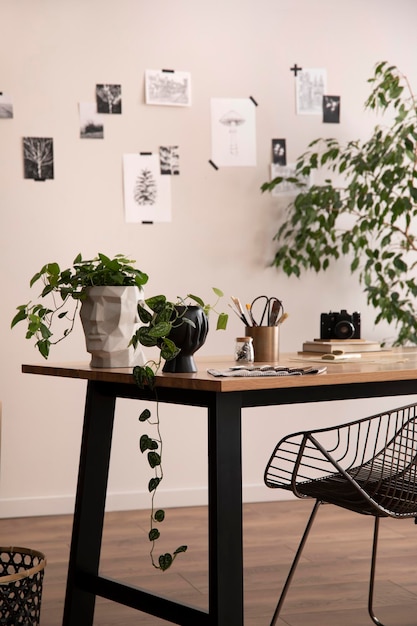 A composição elegante do interior do escritório aconchegante com cadeira de metal, mesa de madeira, fotos de plantas e acessórios pessoais decoração para casa modelo