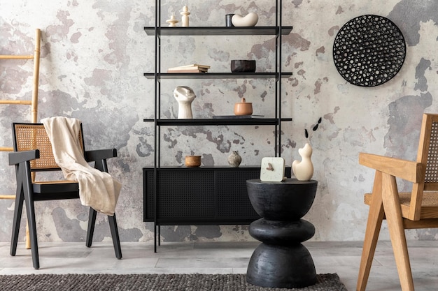 A composição elegante do interior wabi sabi com mesa de centro de poltrona de vime de rack preto e acessórios pessoais Parede de concreto cinza Decoração para casa Modelo