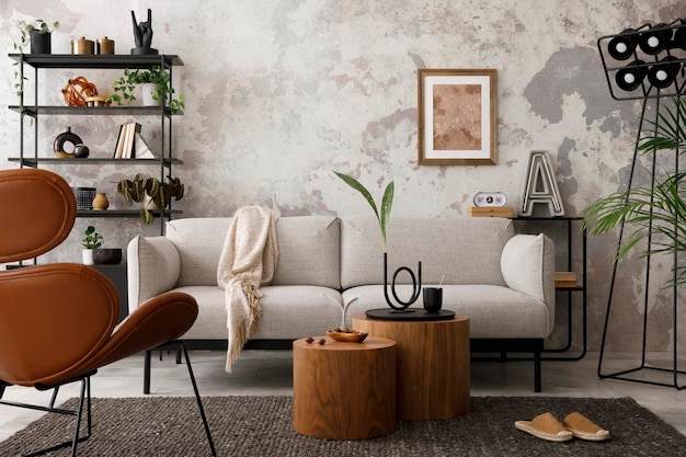 A composição elegante no interior da sala de estar com design sofá cinza poltrona candeeiro de mesa de café de madeira e elegantes acessórios pessoais Loft e interior industrial Modelo