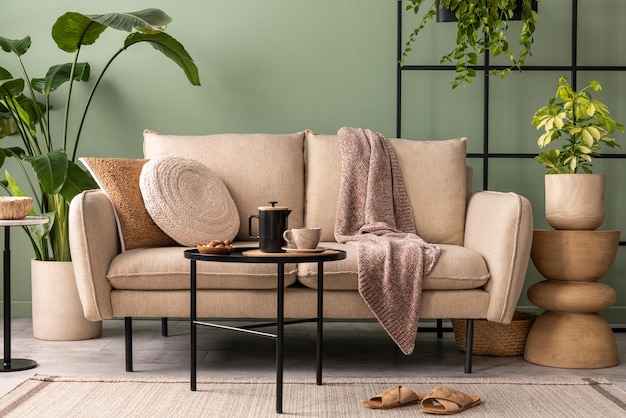 A composição elegante no interior da sala de estar com plantas de mesa de centro pretas sofá bege design e elegantes acessórios pessoais almofada marrom e xadrez parede verde modelo