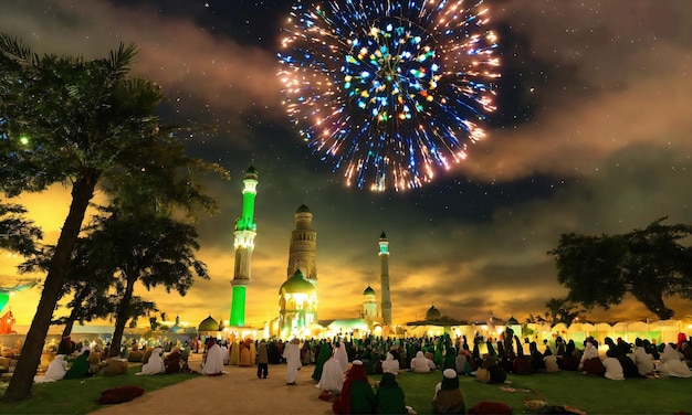 A comunidade muçulmana celebra o Eid ul Fitr e as bandeiras do Eid ul fitr