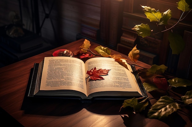 A conexão icônica Um livro bíblico clássico e uma folha vibrante em uma mesa AR 32