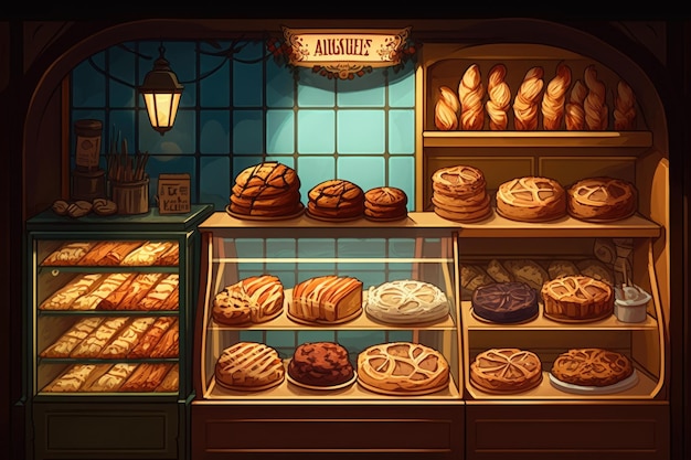 A confeitaria da padaria exibe uma variedade de pães