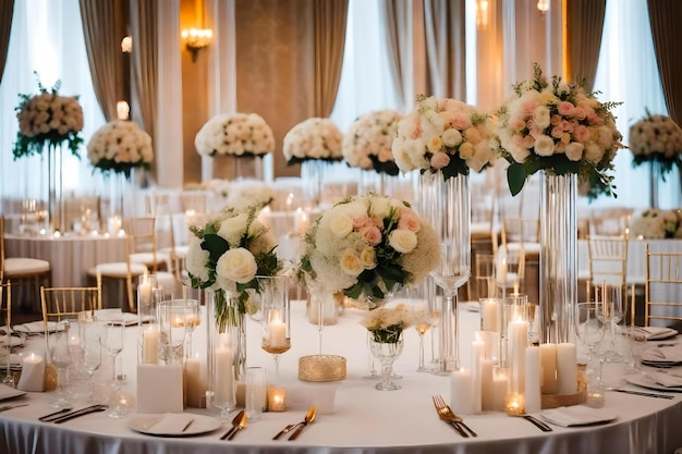 A configuração da mesa para uma recepção de casamento.