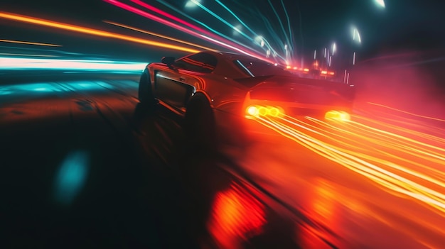 Foto a confusão de luzes e cores enquanto os carros passam a velocidade em uma feroz corrida deixando rastros de fumaça e pneus