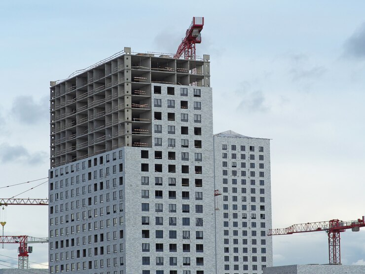 A construção de um arranha-céu com um guindaste. Novos edifícios, indústria, construção