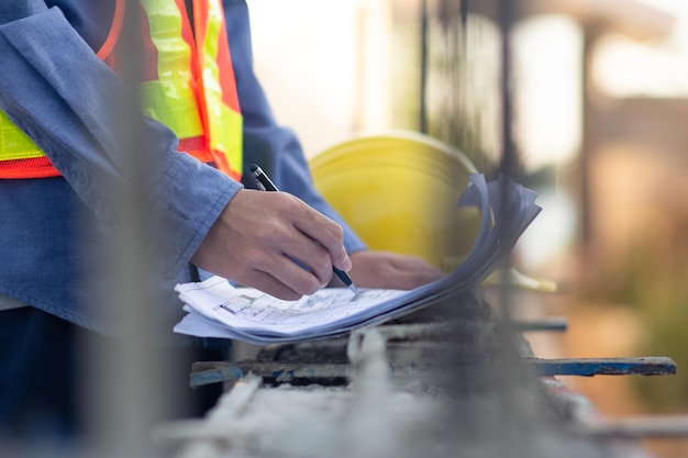 A construção do engenheiro asiático é um trabalhador que trabalha com capacete de controle de segurança na construção do local