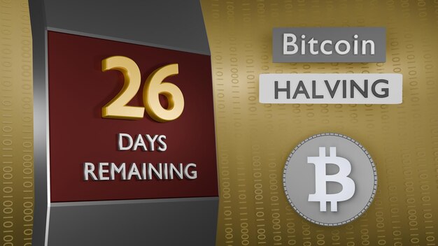 Foto a contagem regressiva do bitcoin para a metade lembrando 26 dias restantes conceito renderização 3d