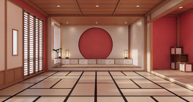 A cor interior interior da sala vermelha com piso de tatami renderização em 3D