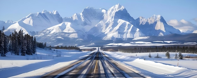 A cordilheira coberta de neve e a rodovia reta oferecem uma vista de inverno deslumbrante Conceito Terra das Maravilhas de Inverno Paisagens de Neve Aventuras de Montanha Conduções panorâmicas Fotografia da natureza