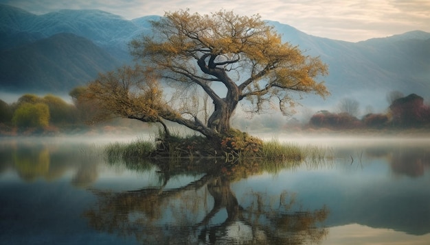 A cordilheira de outono reflete a beleza natural em um prado úmido e tranquilo gerado pela IA