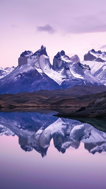 A cordilheira reflete-se na água quieta.