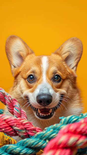 Foto a corgi pup surrounded by colorful ropes and toys in a studio