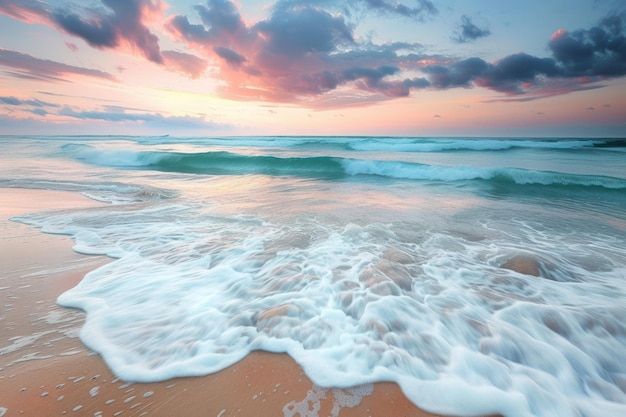 A costa ao amanhecer com as ondas a bater suavemente na costa