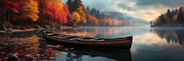 A costa do lago no outono com barcos de remo coloridos e reflexos