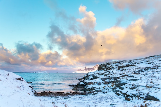 A costa rochosa está coberta de neve