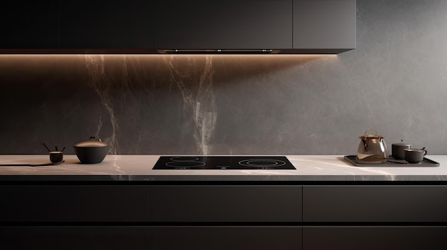 Foto a cozinha de indução em uma bancada de mármore na cozinha moderna de uma casa contemporânea com um forno e armários com uma composição ou cena em um estilo moderno minimalista