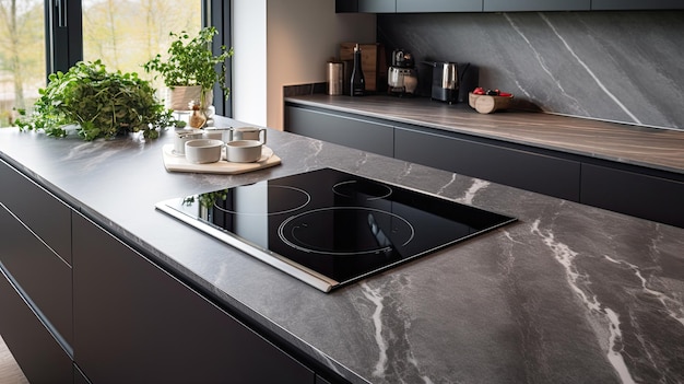 Foto a cozinha de indução em uma bancada de mármore na cozinha moderna de uma casa contemporânea com um forno e armários com uma composição ou cena em um estilo moderno minimalista