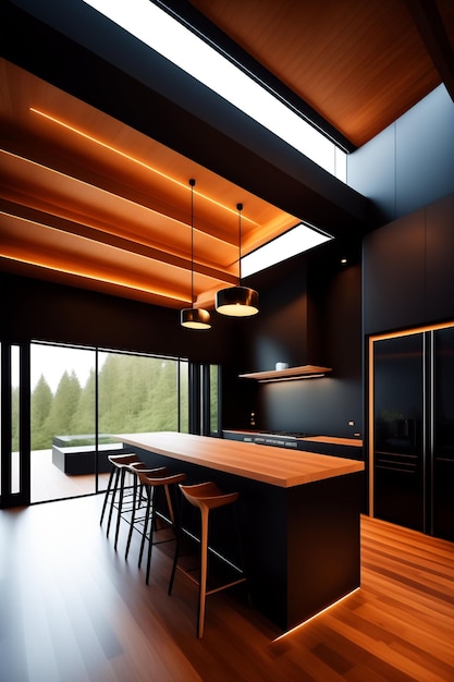 A cozinha é um grande espaço aberto com uma grande janela que se abre para o exterior.