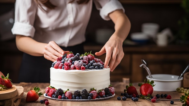 A cozinheira-confeiteira decora o bolo.