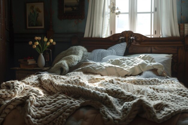 Foto a cozy bed with fluffy pillows and blankets