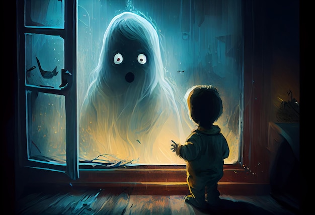 A criança assustada ao ver a pintura de ilustração de estilo de arte digital fantasma Gerar Ai