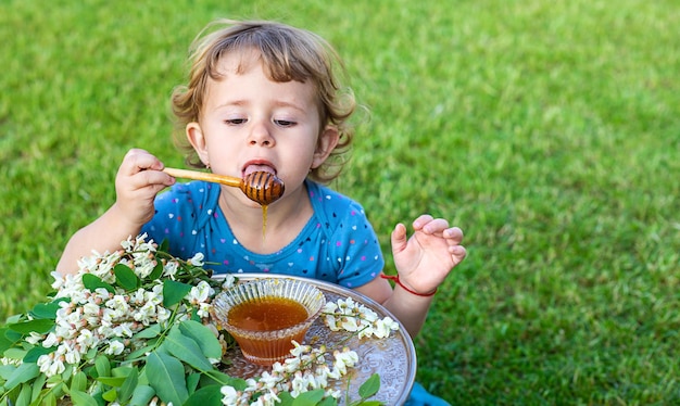 A criança come mel no jardim Foco seletivo