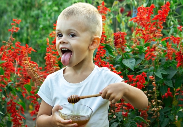 A criança come mel no jardim.