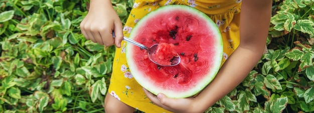 A criança come uma melancia com uma colher