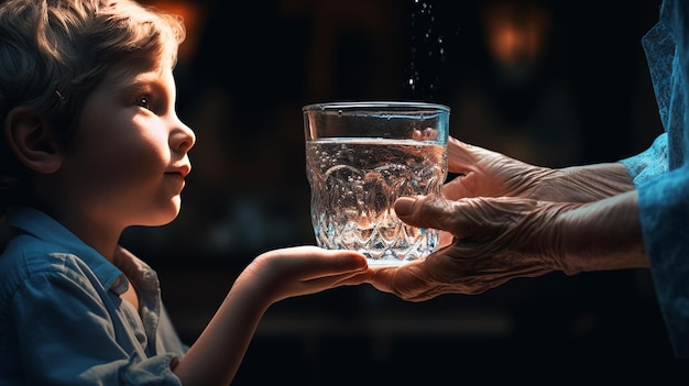 a criança dá à avó um copo de água