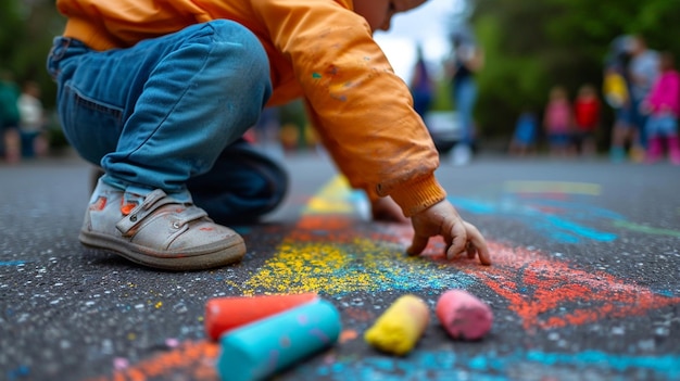 A criança desenha uma casa e um arco-íris no asfalto com giz Foco seletivo IA generativa