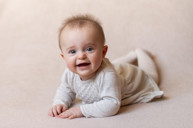 A criança está deitada em um fundo bege e sorrindo uma criança feliz e satisfeita