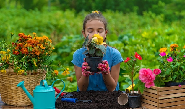 A criança está plantando flores no jardim Foco seletivo