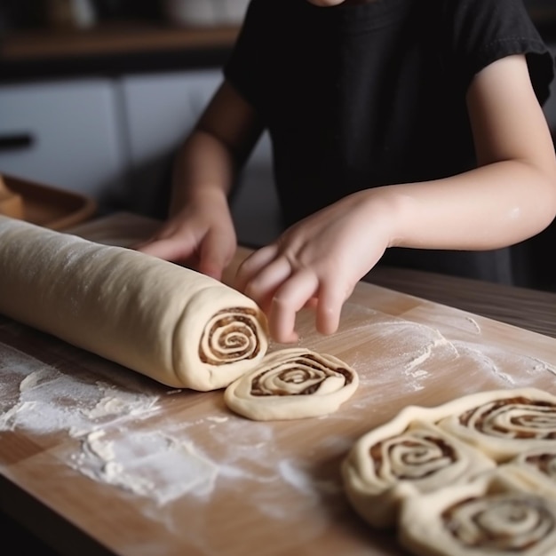 a criança faz biscoitos deliciosos desenrola a massa cozinhando ajudando os pais