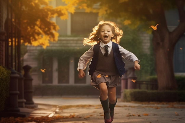 A criança feliz da primeira série corre alegremente para a escola