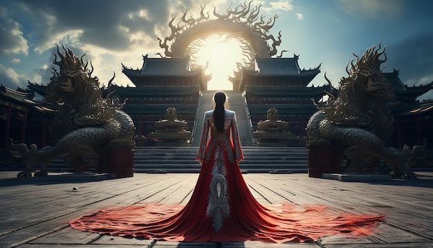 Foto a criança inigualável da china está em frente ao palácio vestindo uma linda túnica de dragão.