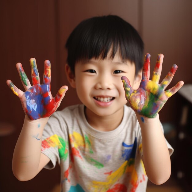 A criança levanta suas mãos pintadas