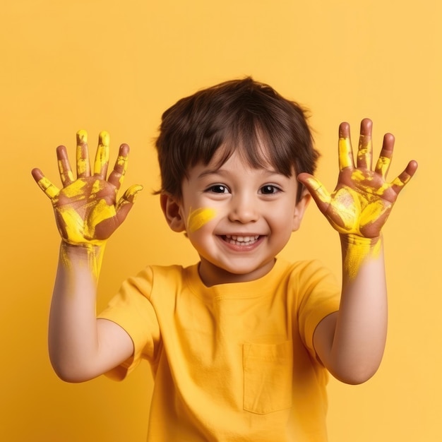 A criança levanta suas mãos pintadas