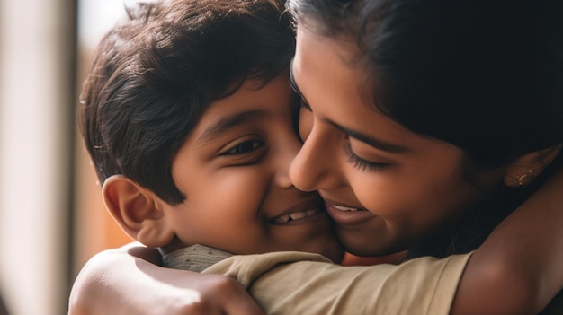 A criança que comemora o Dia das Mães com flores e abraços para a mãe