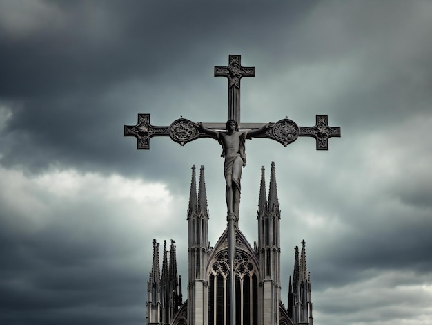 A cruz da catedral gótica ergue-se contra o céu dramático gerado