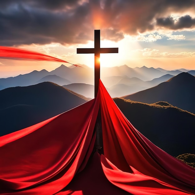 Foto a cruz e a fita de seda vermelha no topo da montanha comemoram deus gerado por ai