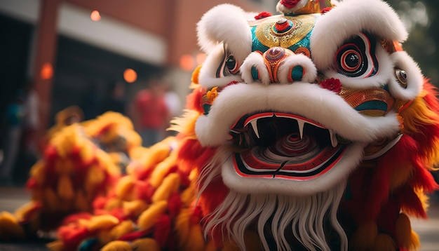 Foto a cultura chinesa celebra com máscaras de dragão coloridas e trajes gerados pela ia