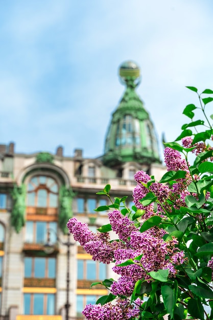 A cúpula do edifício Zinger sob um ramo de flores lilases em São Petersburgo