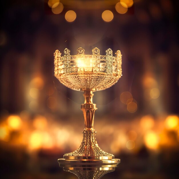 A custódia dourada com um pequeno centro de cristal transparente consagrado igreja anfitriã desfocada fundo AI Generative