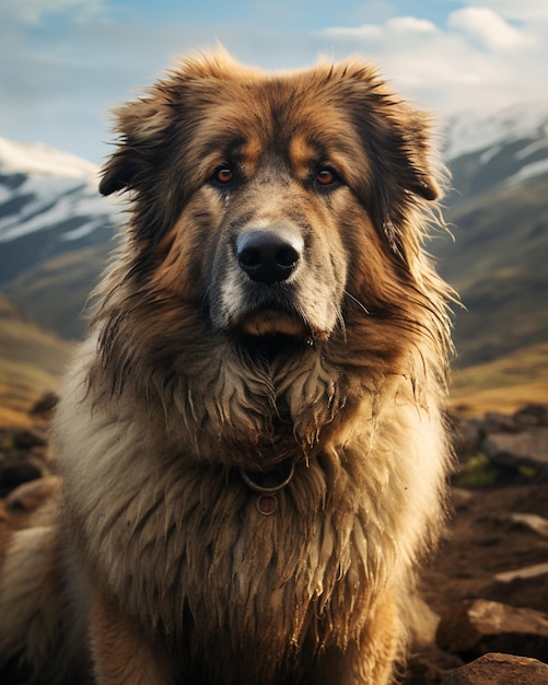 Foto a cute caucasian mountain dog shepherd sitting on a high place with mountain background