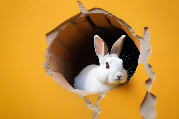 Foto a cute white bunny peeks out of a hole in a bright yellow wall looking curious and adorable